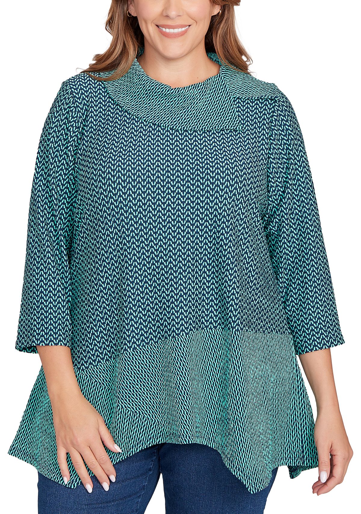 Plus Size Split Cowl Neck Herringbone Knit Top