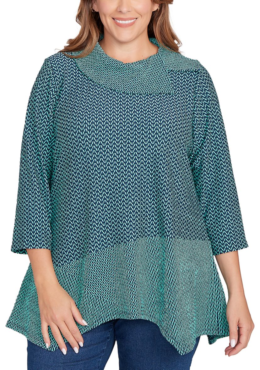 Plus Size Split Cowl Neck Herringbone Knit Top