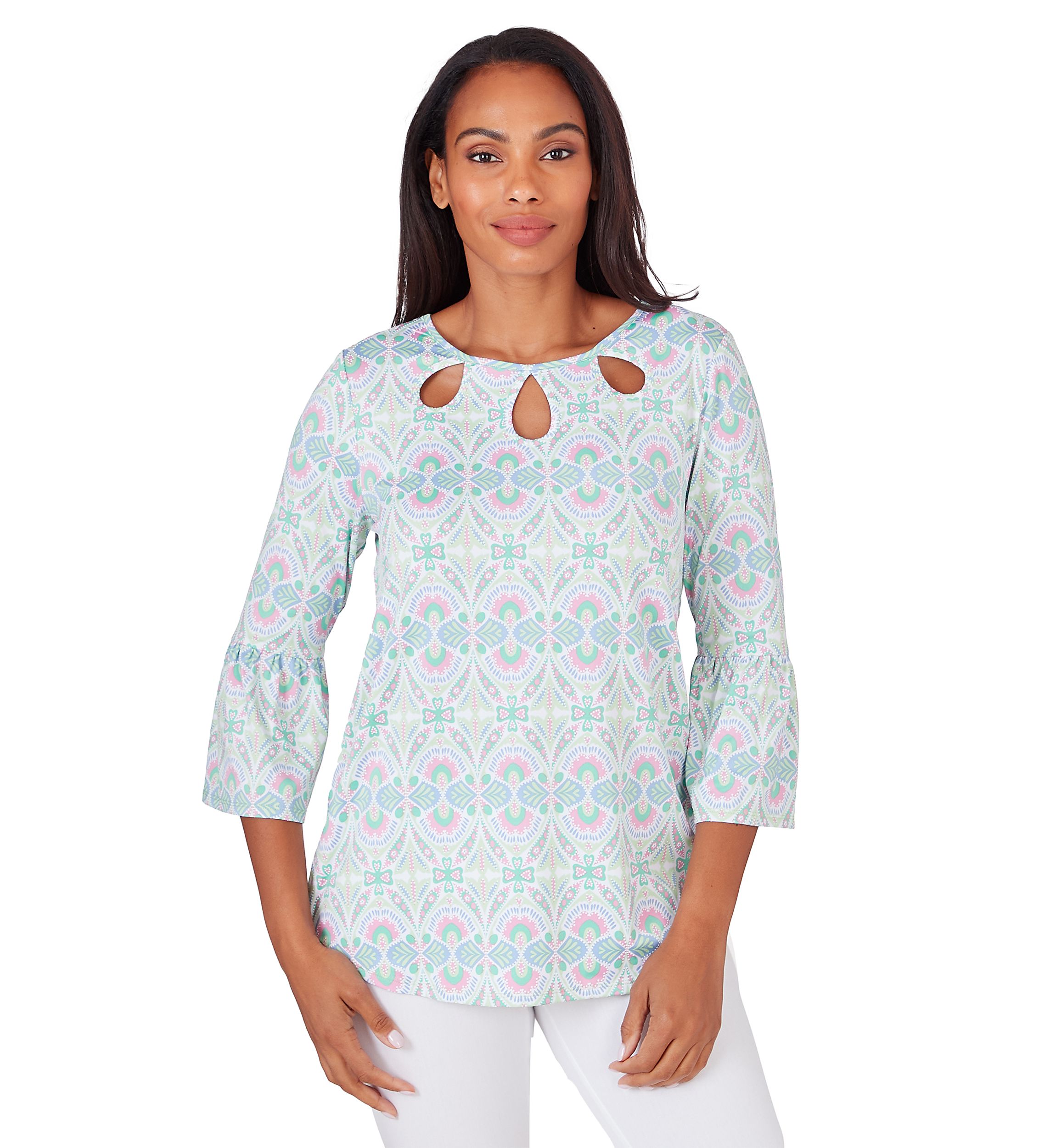 Womens Keyhole Scoop Neck Geo Medallion Knit Top With Flounce Sleeves