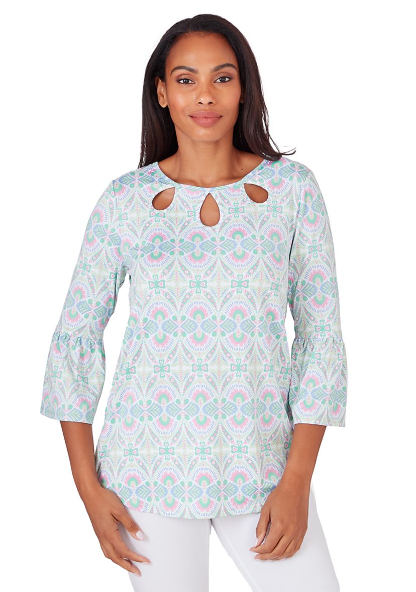 Womens Keyhole Scoop Neck Geo Medallion Knit Top With Flounce Sleeves