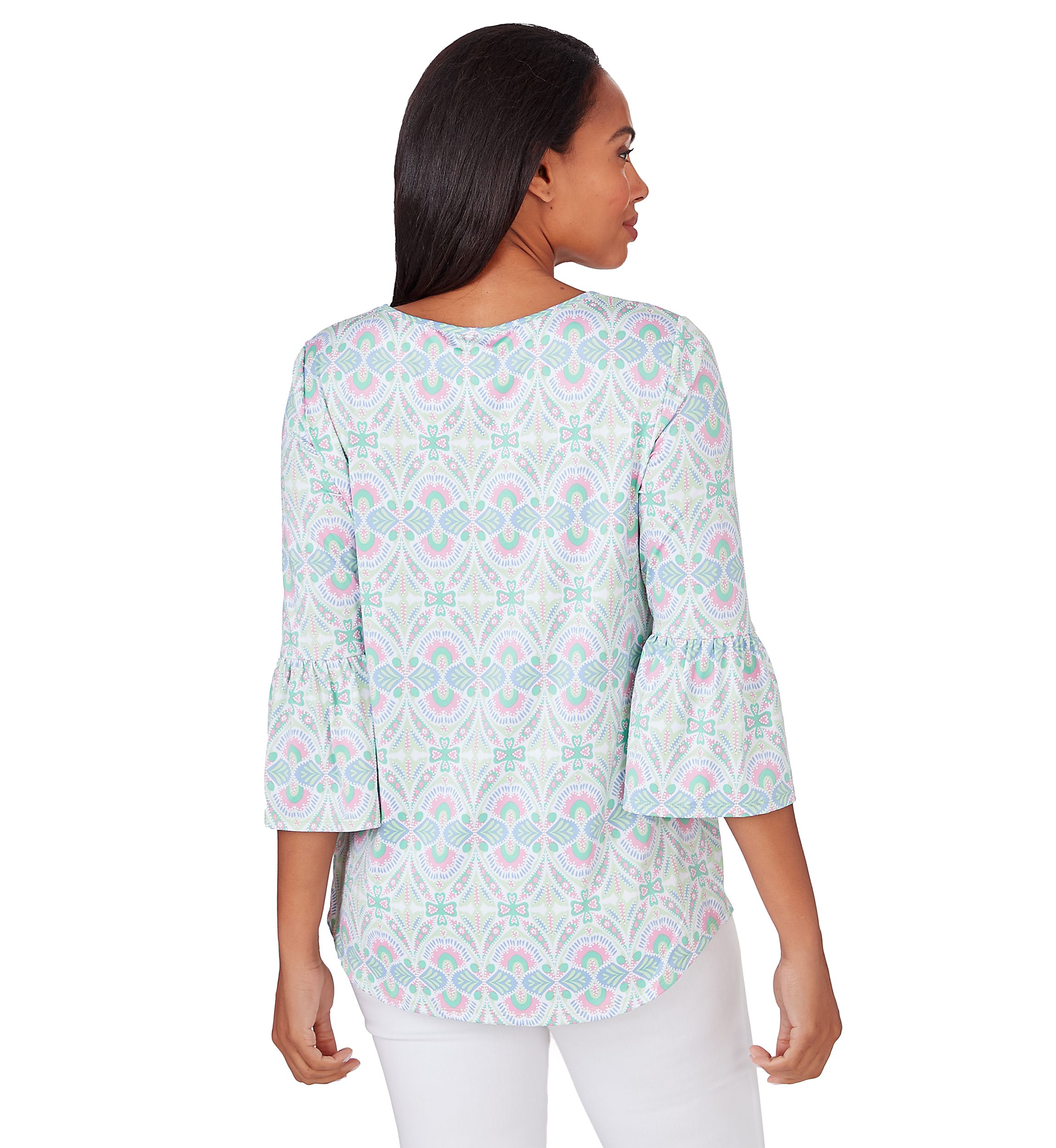 Womens Keyhole Scoop Neck Geo Medallion Knit Top With Flounce Sleeves