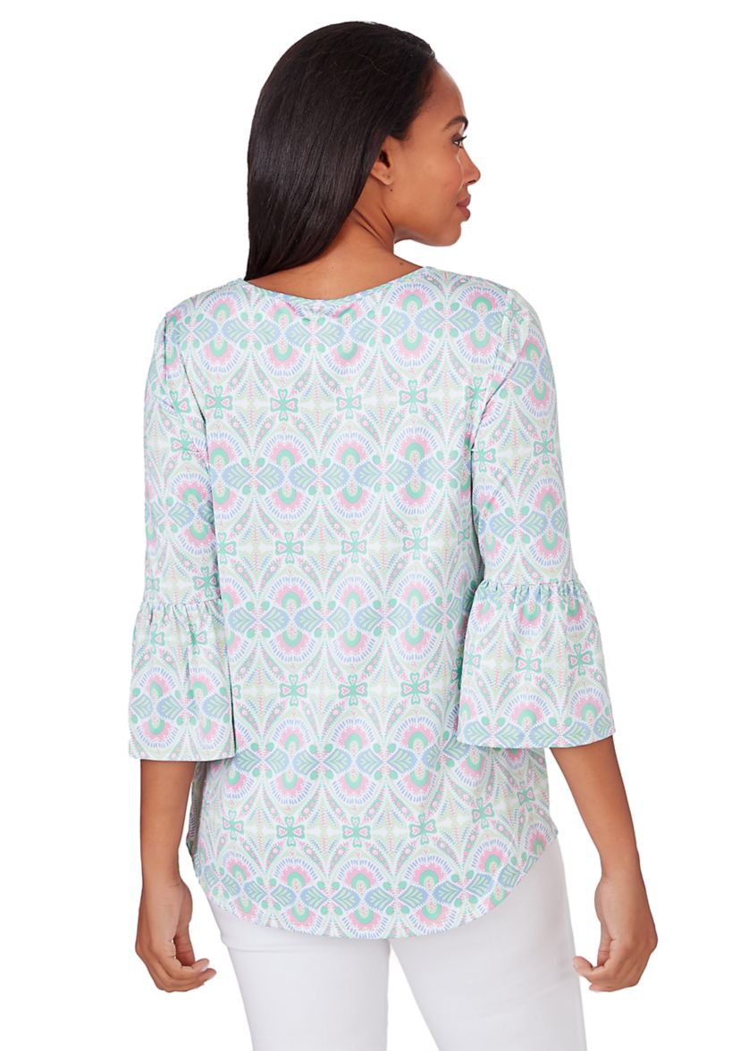 Womens Keyhole Scoop Neck Geo Medallion Knit Top With Flounce Sleeves