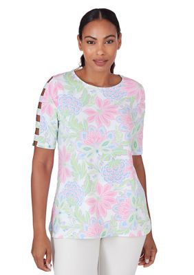 Women's Scoop Neck Floral Print Cotton Top with Ladder Sleeve Detail