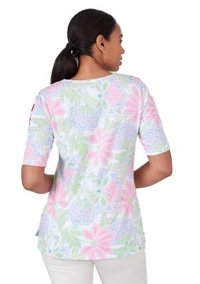 Women's Scoop Neck Floral Print Cotton Top with Ladder Sleeve Detail