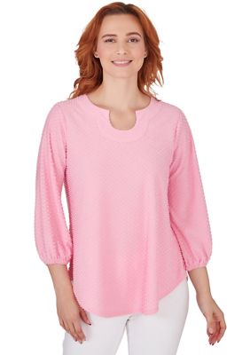 Women's Keyhole Swiss Dot Solid Knit Top with Lantern Sleeves