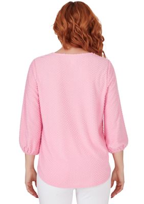 Women's Keyhole Swiss Dot Solid Knit Top with Lantern Sleeves