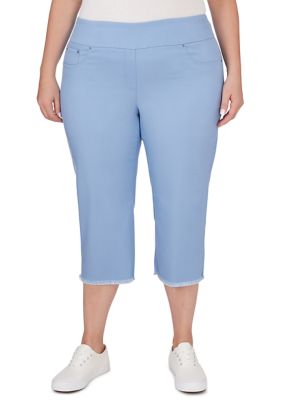 Ruby Rd Women's Plus Size Pull On Tencel Denim Capri Pants with Fringed Hem
