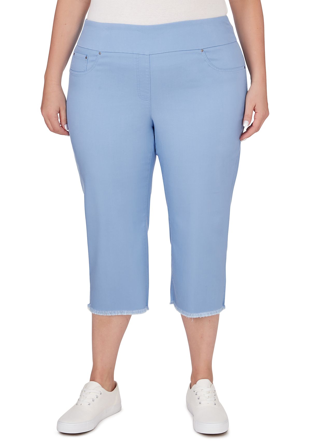 Plus Size Pull On Tencel Denim Capri Pants with Fringed Hem