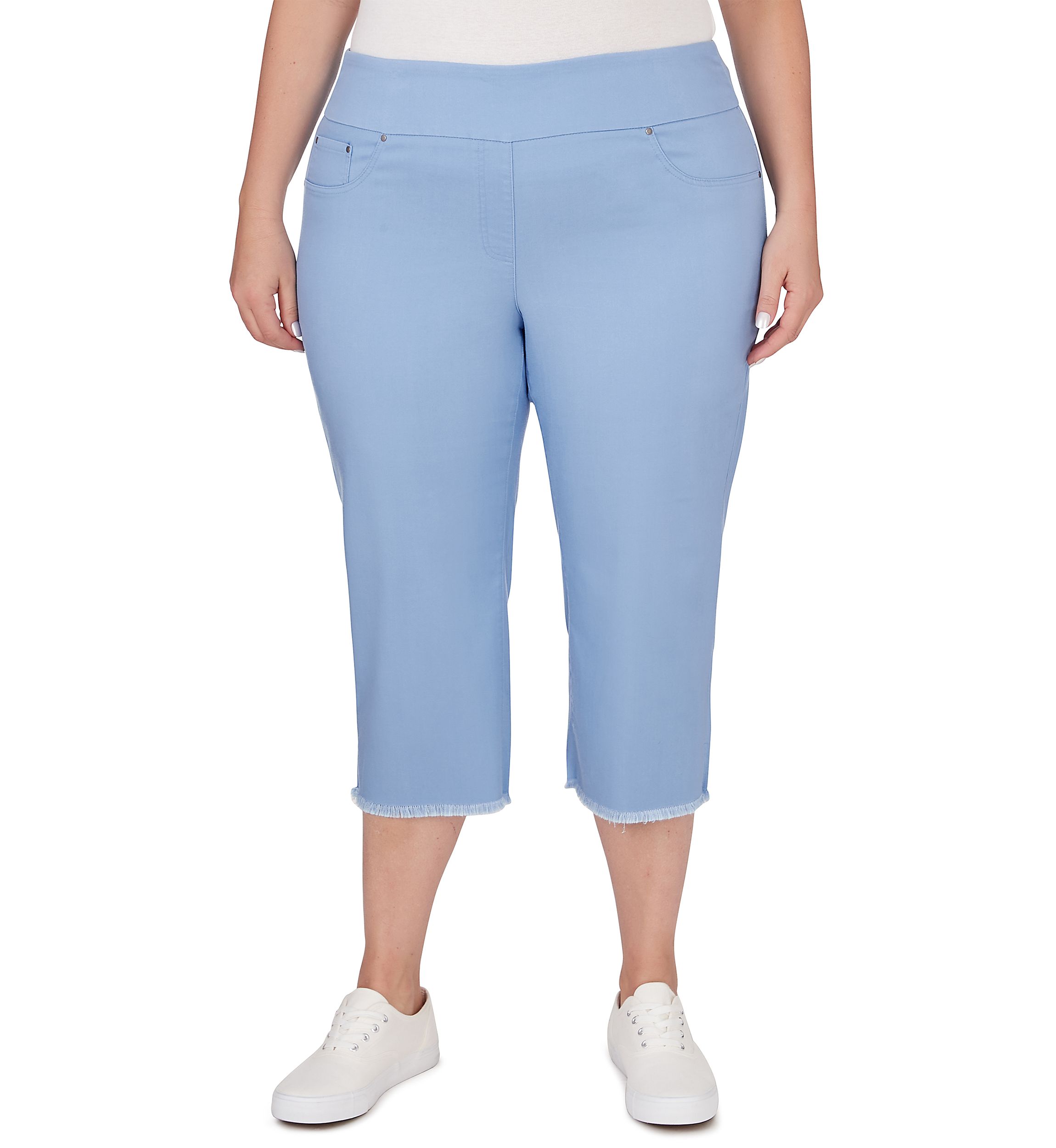 Plus Size Pull On Tencel Denim Capri Pants with Fringed Hem