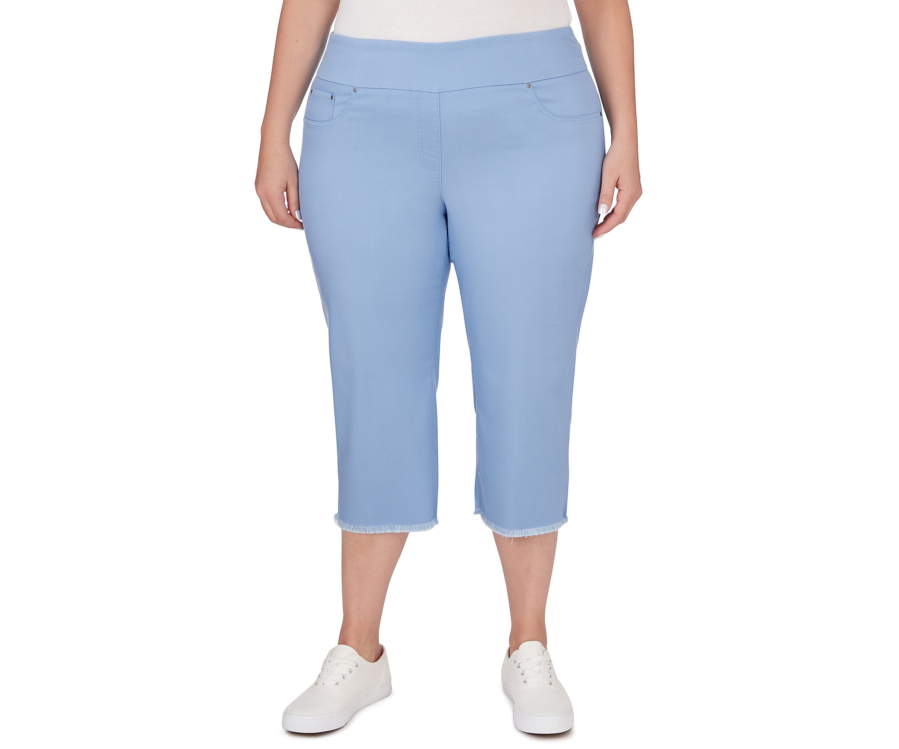 Plus Size Pull On Tencel Denim Capri Pants with Fringed Hem
