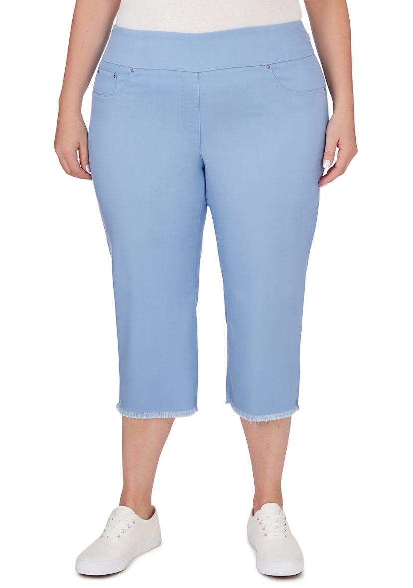 Plus Size Pull On Tencel Denim Capri Pants with Fringed Hem