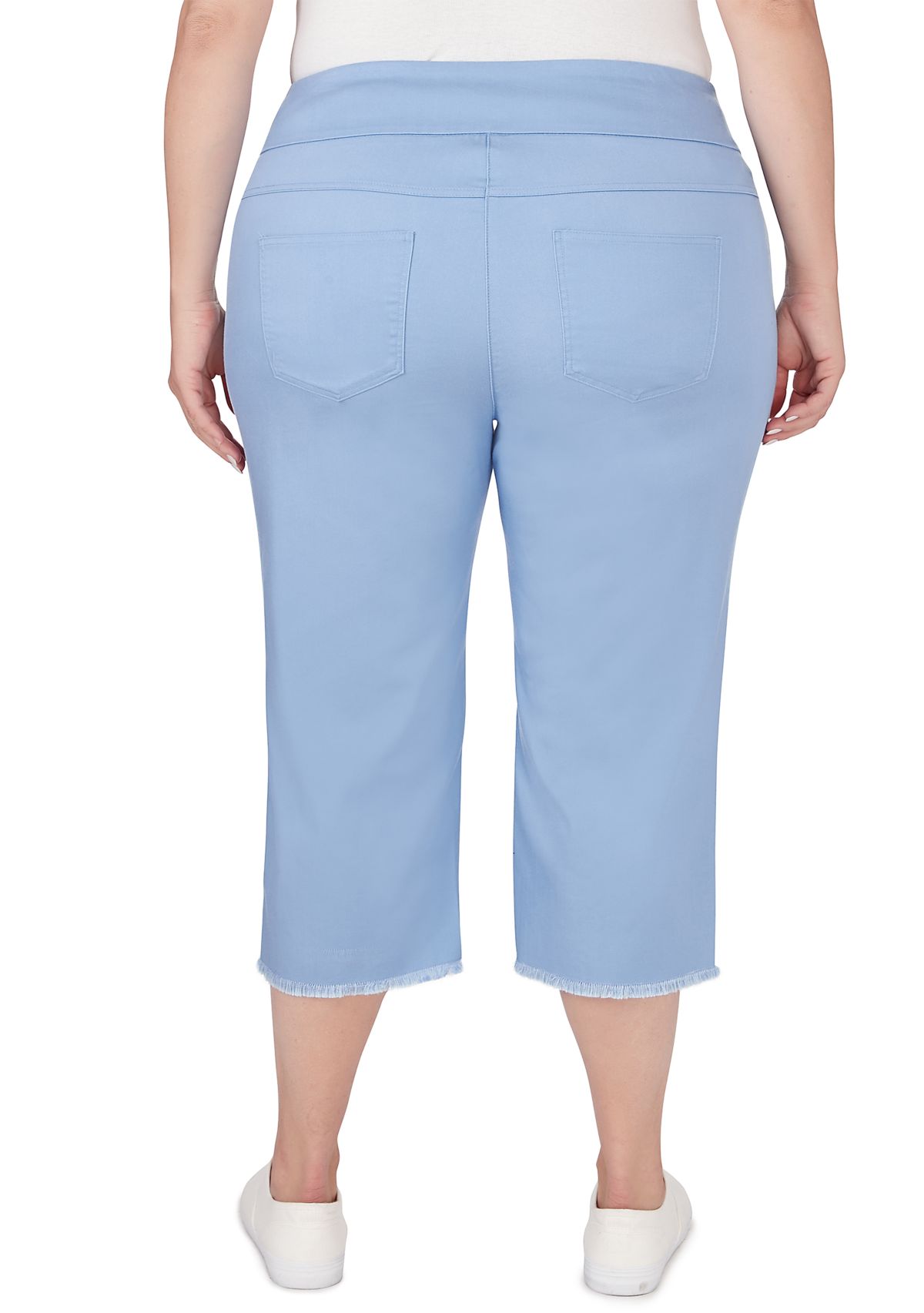Plus Size Pull On Tencel Denim Capri Pants with Fringed Hem