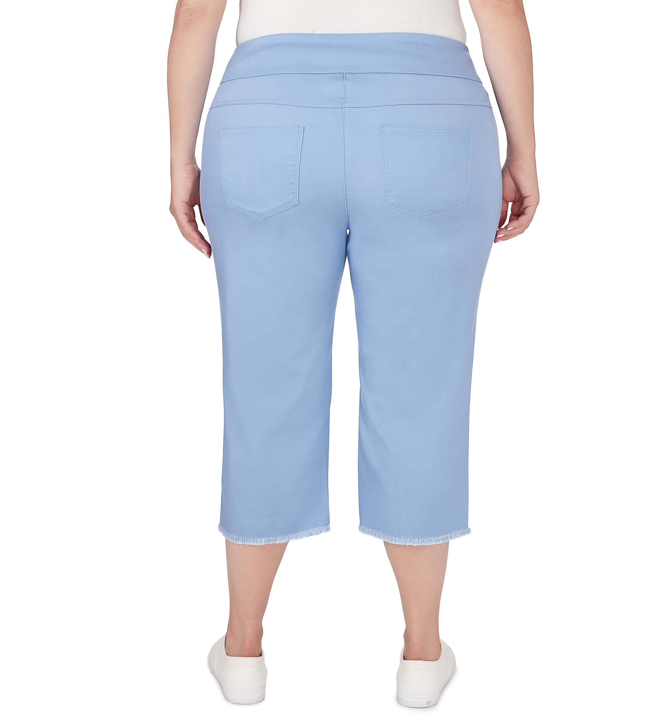 Plus Size Pull On Tencel Denim Capri Pants with Fringed Hem