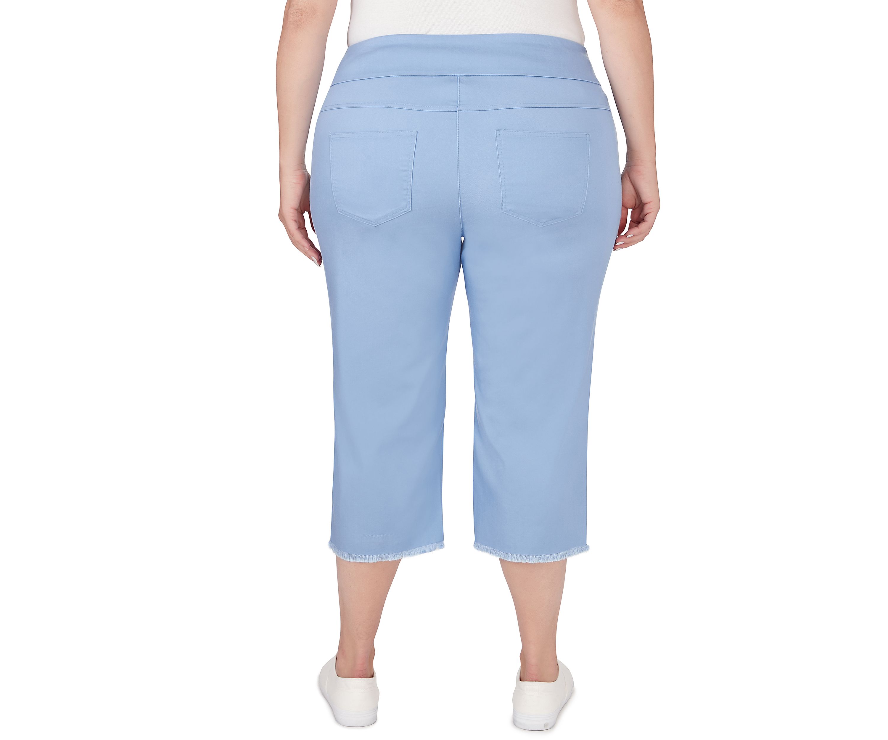 Plus Size Pull On Tencel Denim Capri Pants with Fringed Hem