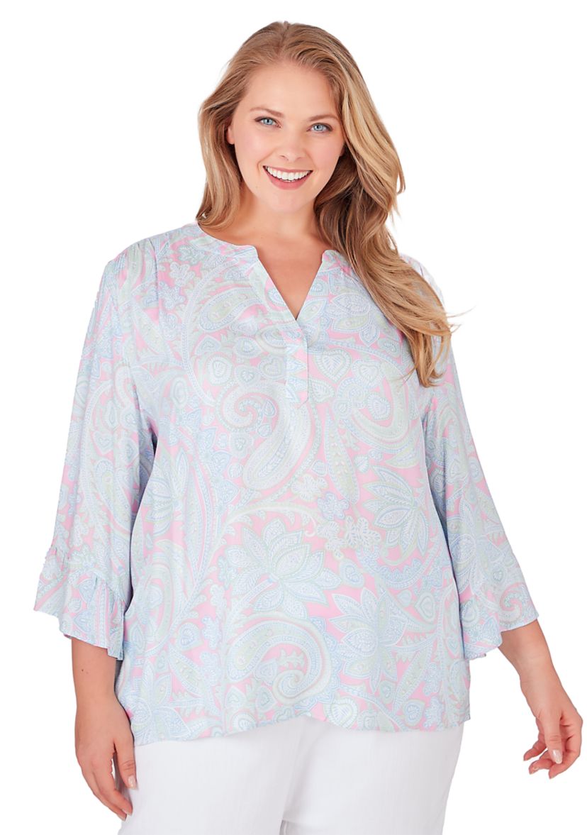 Plus Size V-Neck Paisley Print Rayon Blouse with Ruffle Sleeve