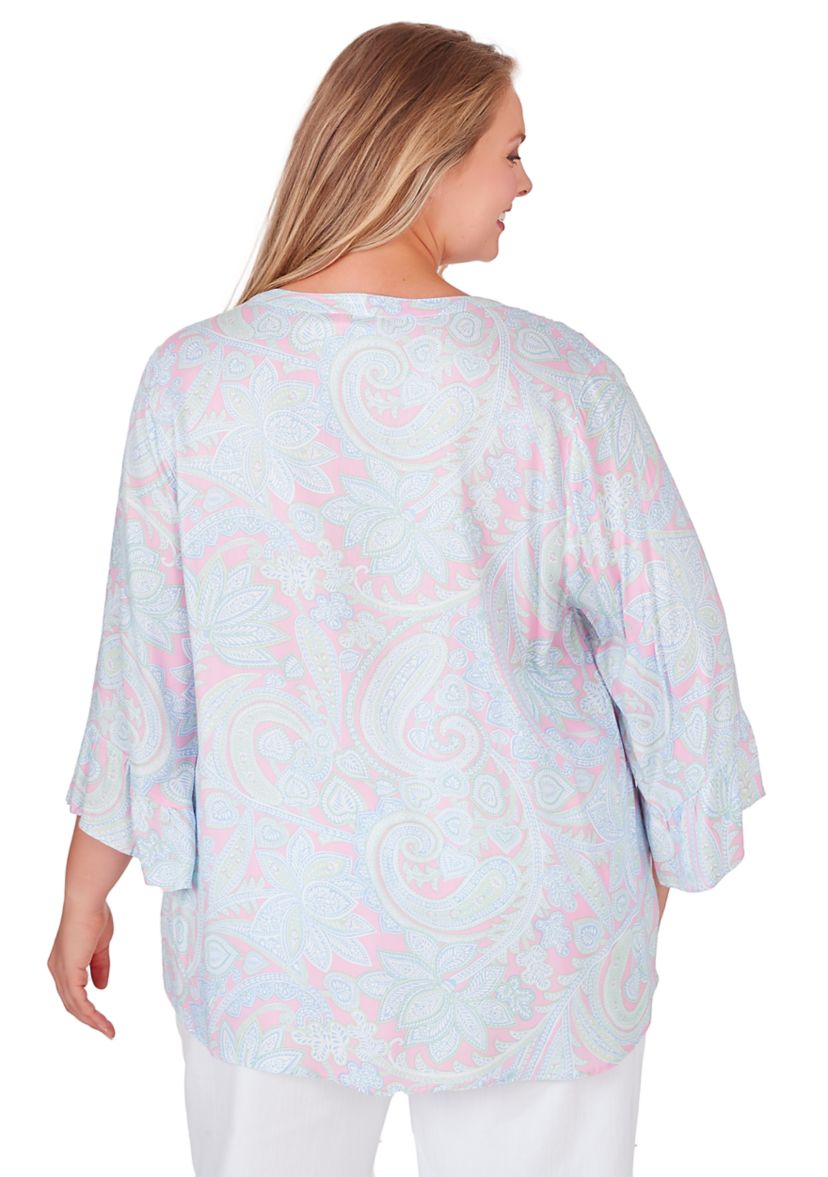 Plus Size V-Neck Paisley Print Rayon Blouse with Ruffle Sleeve