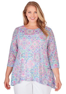 Ruby Rd Plus Size Scoop Neck Tile Printd Burnout Sharkbite Hem Top | belk