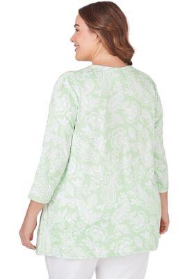 Plus Split Neck Monotone Paisley Printed Sharkbite Hem Top