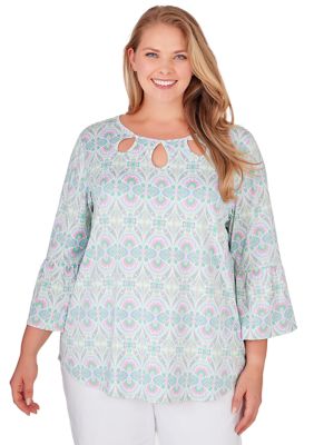 Plus Keyhole Neck Geo Medallion Printed Knit Top with Flared Sleeves