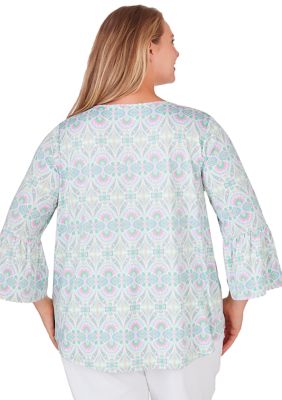 Plus Keyhole Neck Geo Medallion Printed Knit Top with Flared Sleeves
