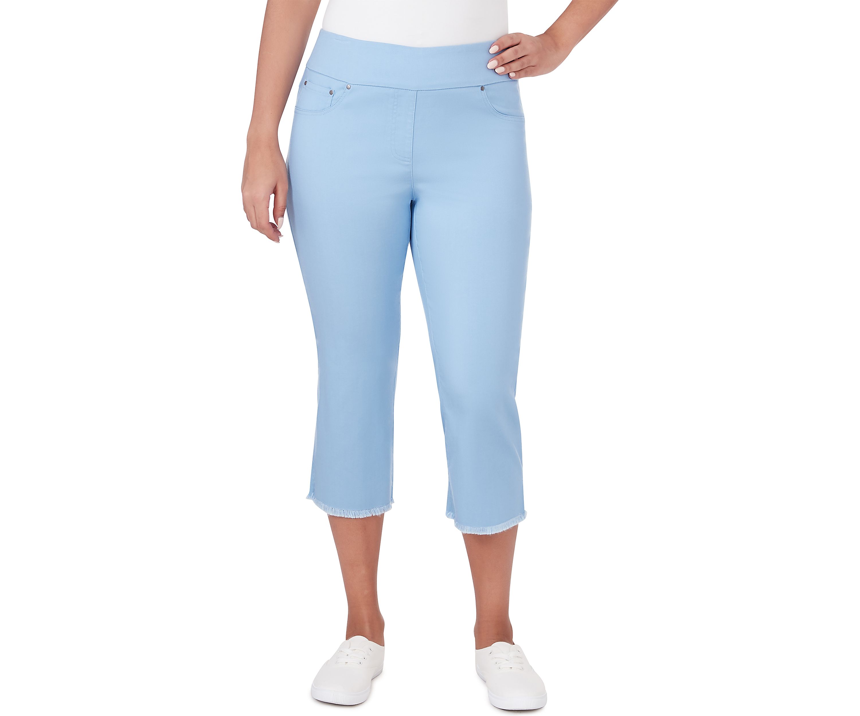 Petite Pull On Tencel Denim Capri Pants with Fringe Hem
