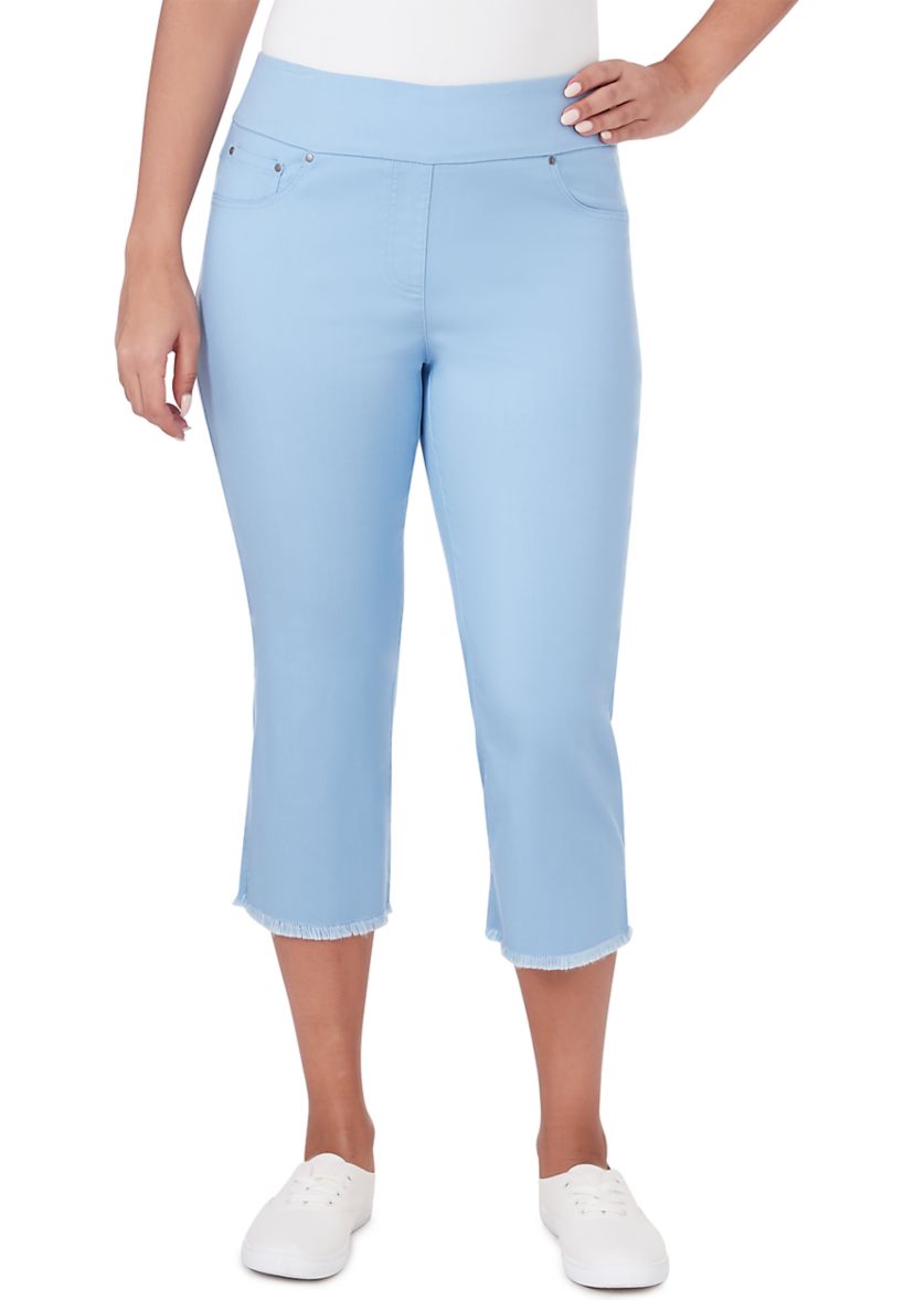Petite Pull On Tencel Denim Capri Pants with Fringe Hem