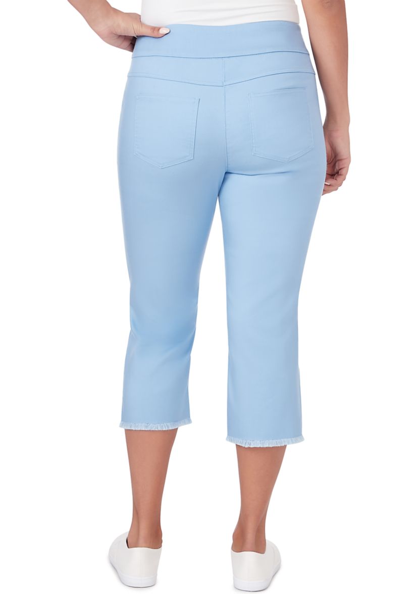 Petite Pull On Tencel Denim Capri Pants with Fringe Hem