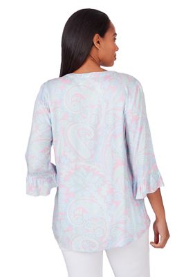 Petite V-neck Paisley Print Rayon Blouse With Ruffle Sleeve