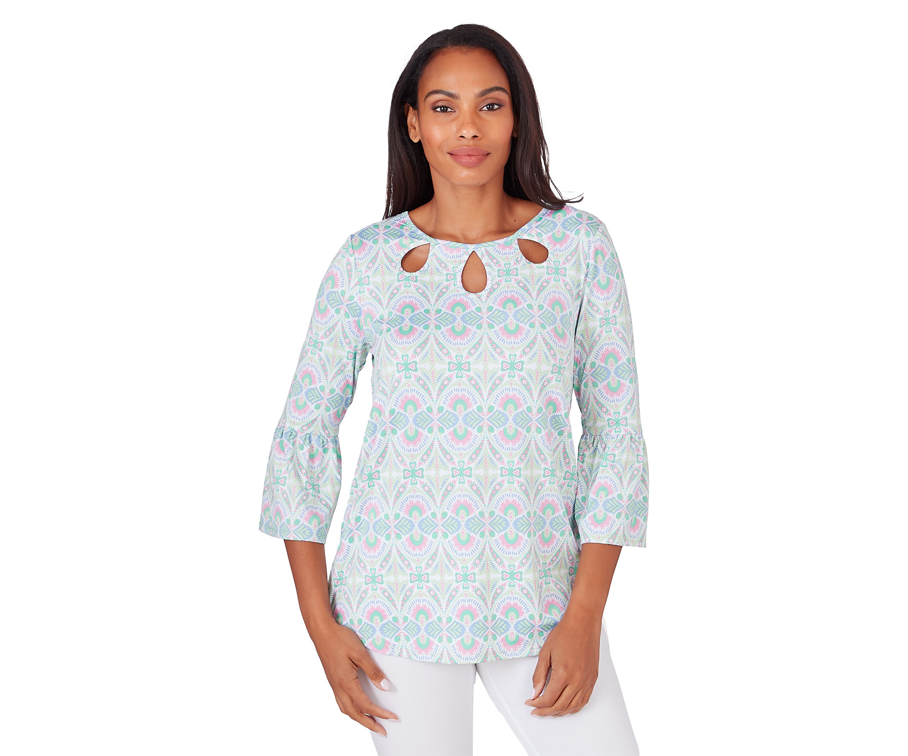 Petite Keyhole Scoop Neck Geo Medallion Knit Top with Flounce Sleeves