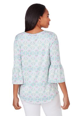 Petite Keyhole Scoop Neck Geo Medallion Knit Top with Flounce Sleeves