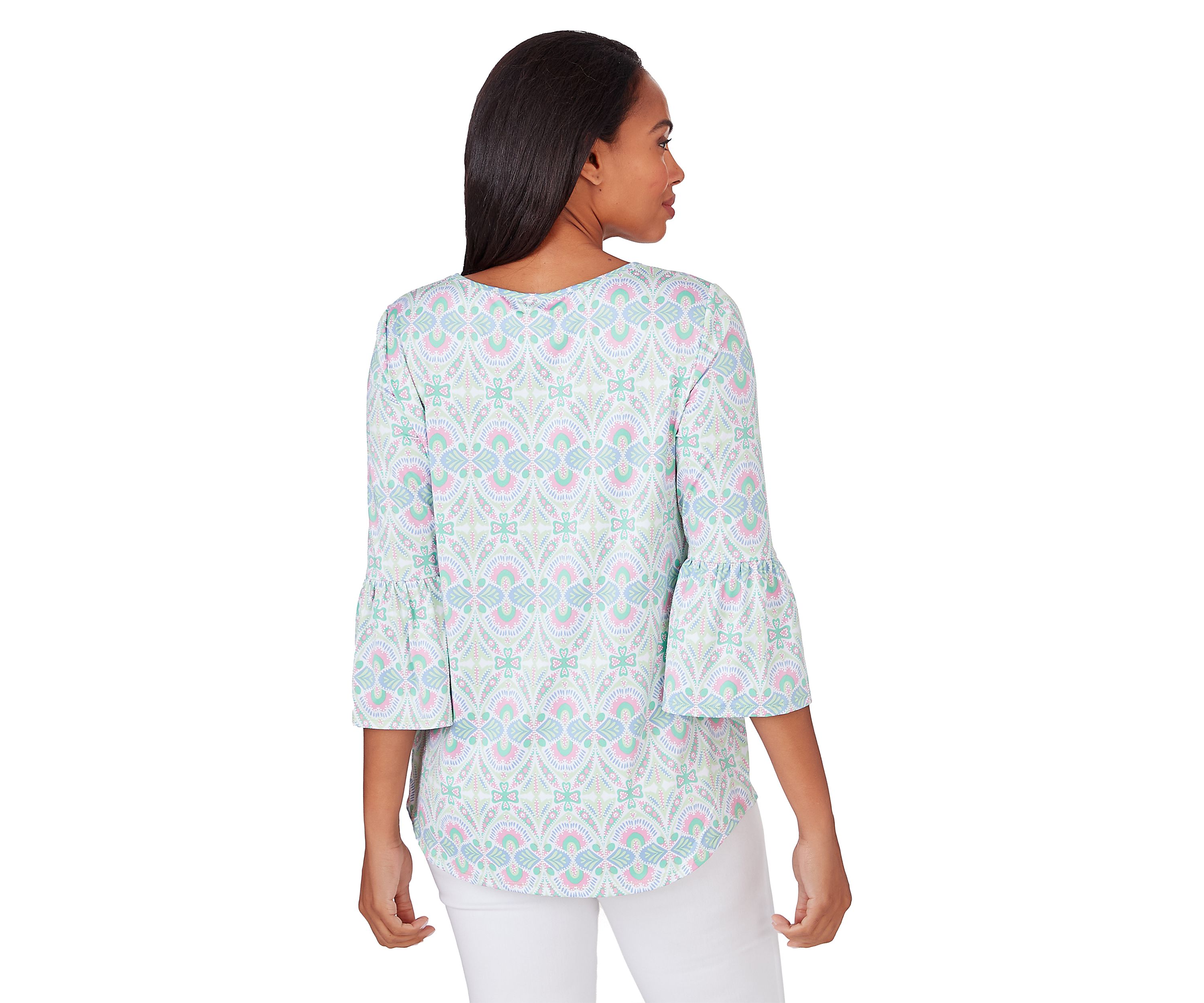 Petite Keyhole Scoop Neck Geo Medallion Knit Top with Flounce Sleeves
