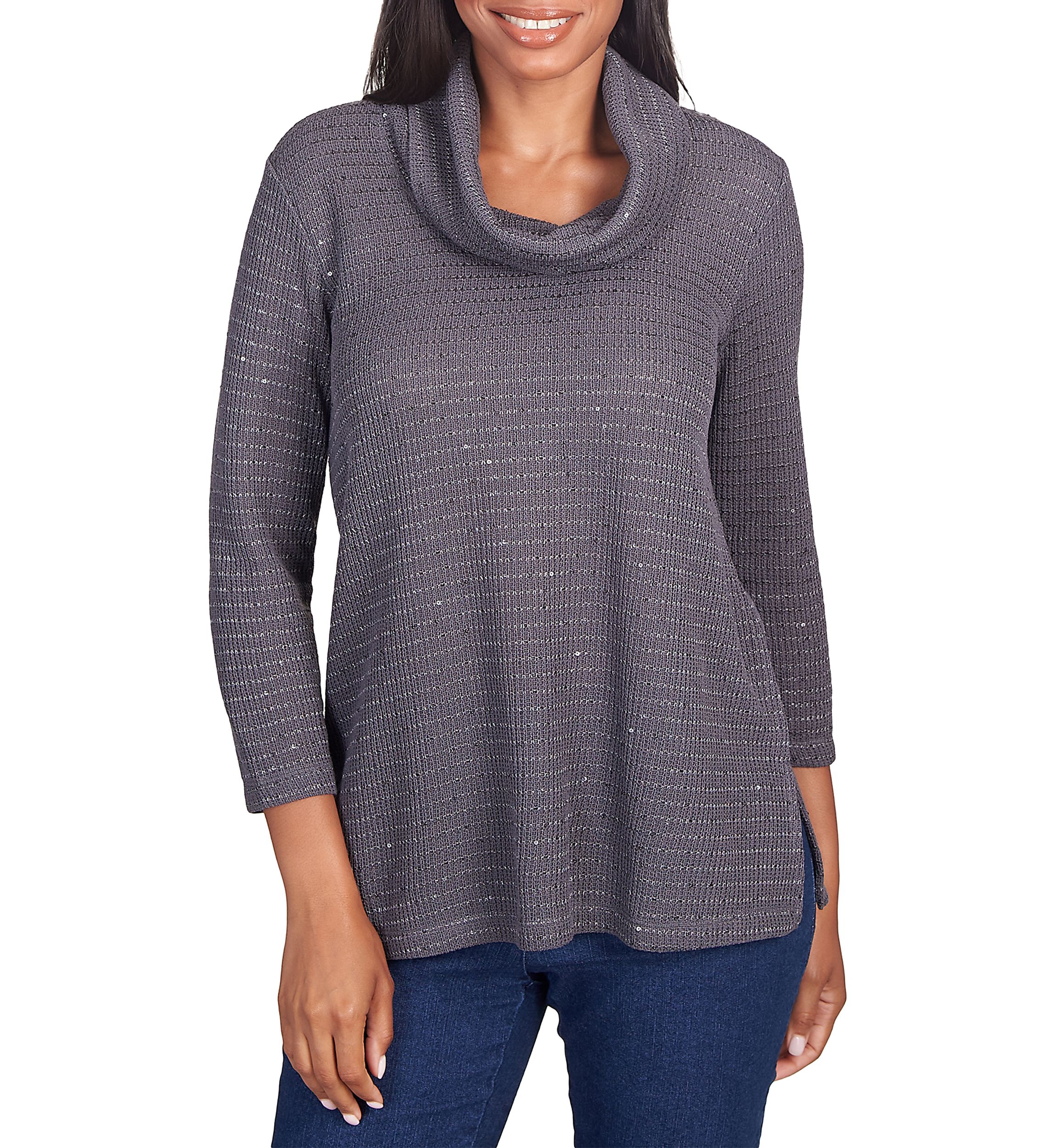 Womens Sequin Knit Cowl Neck Top