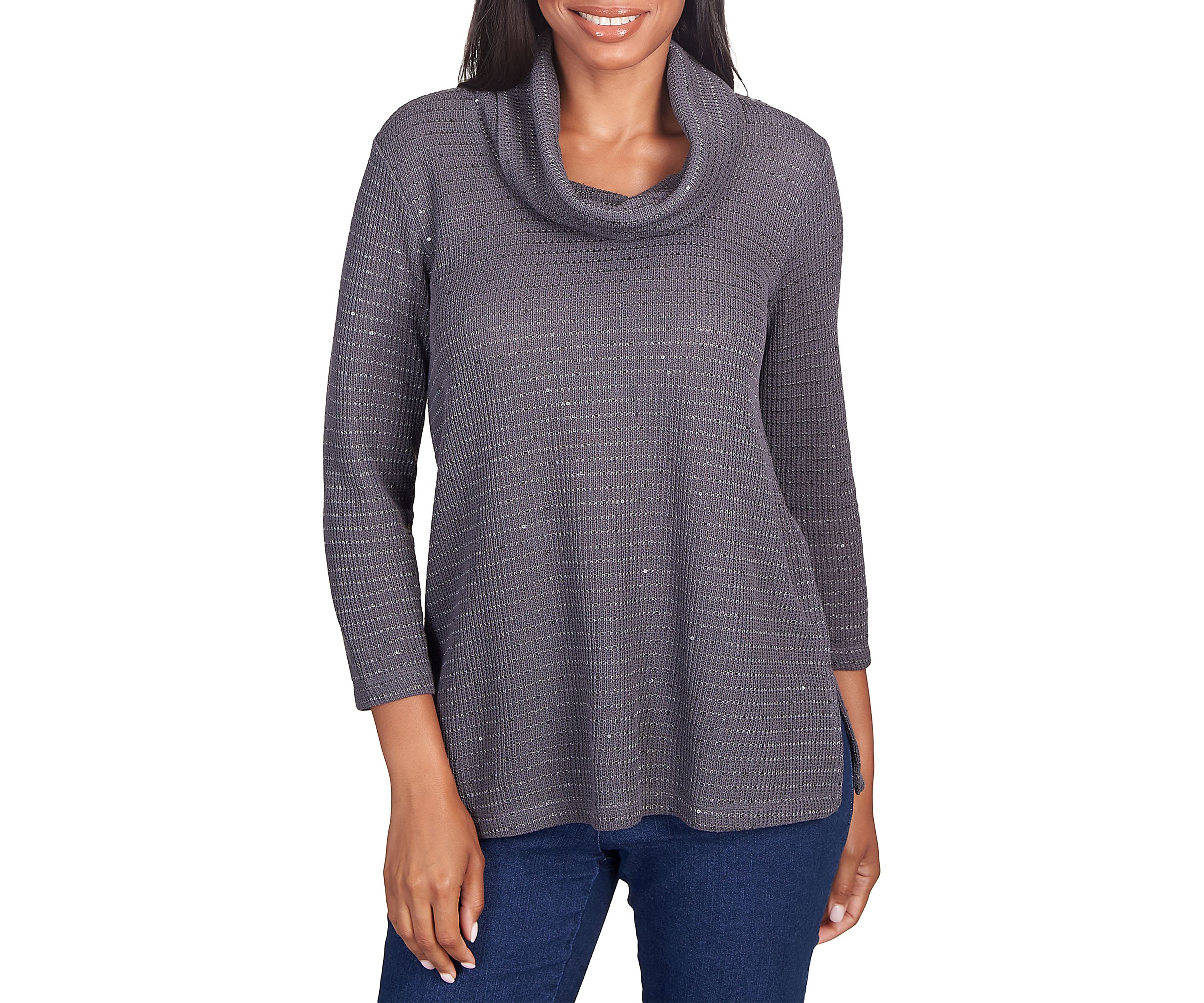 Womens Sequin Knit Cowl Neck Top