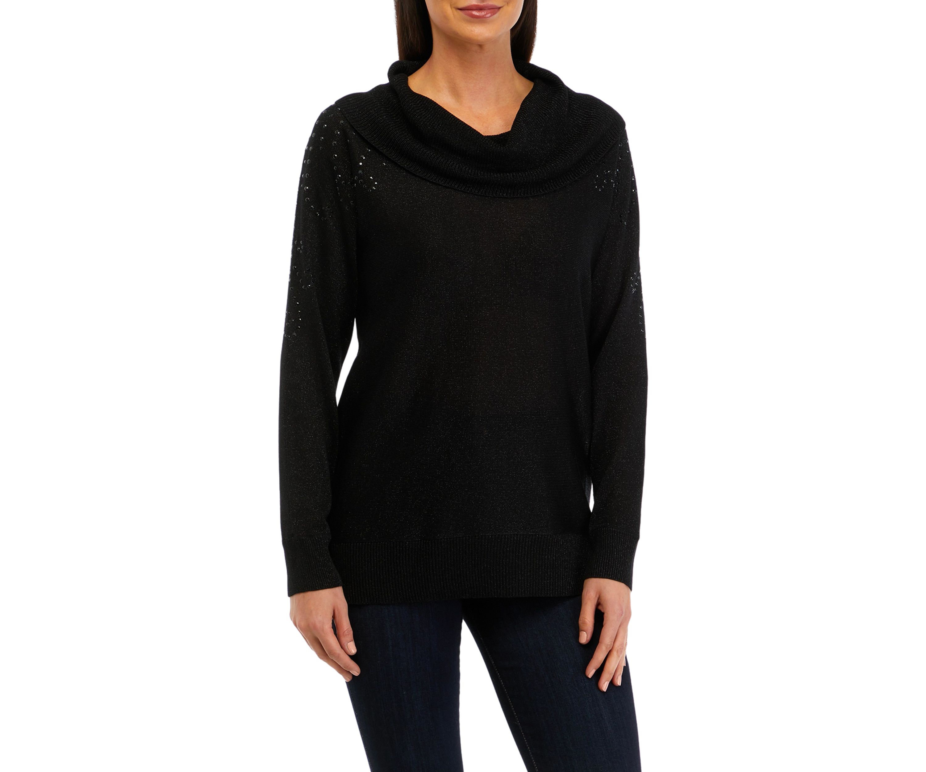 Womens Glitter Embellished Cowl Neck Sweater