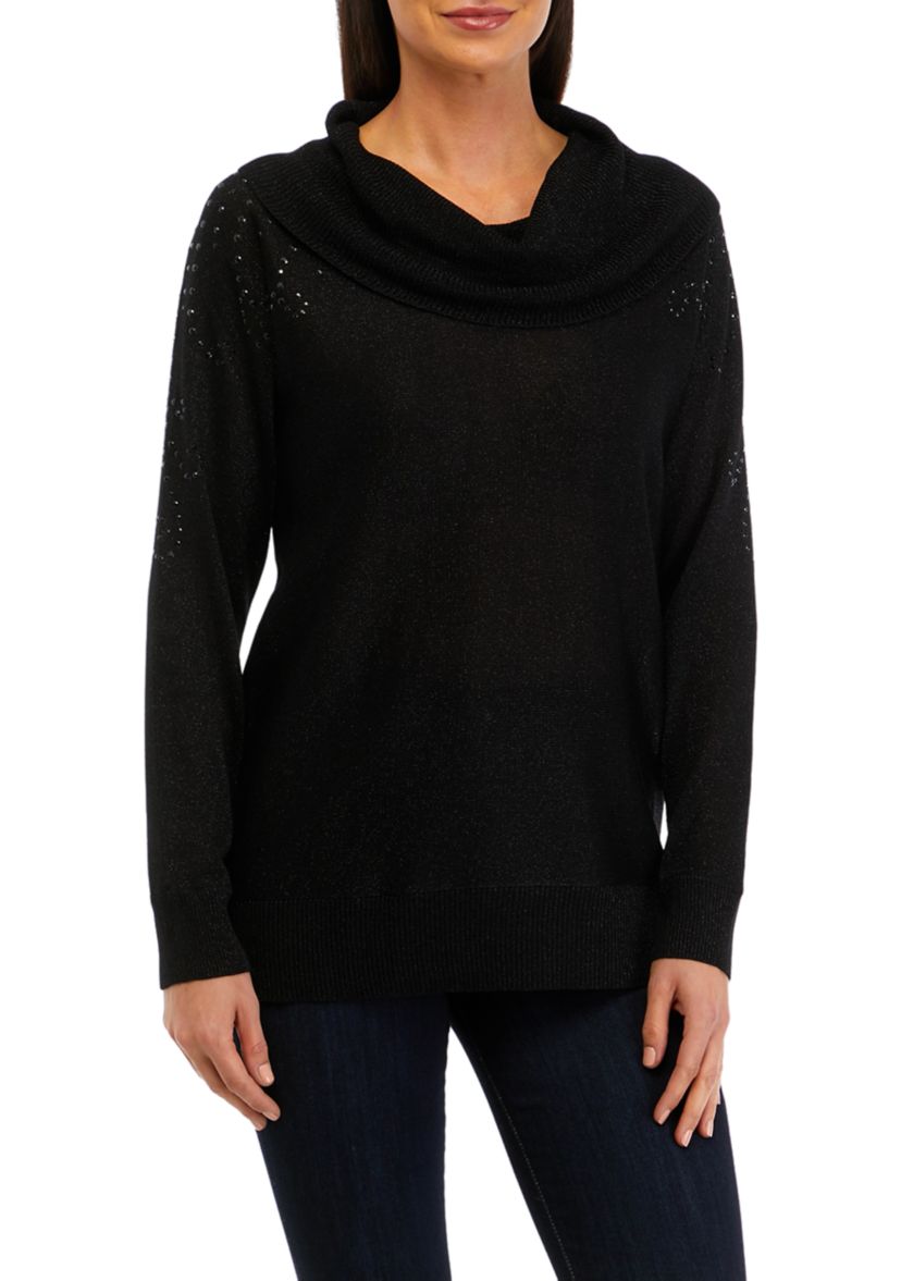 Womens Glitter Embellished Cowl Neck Sweater
