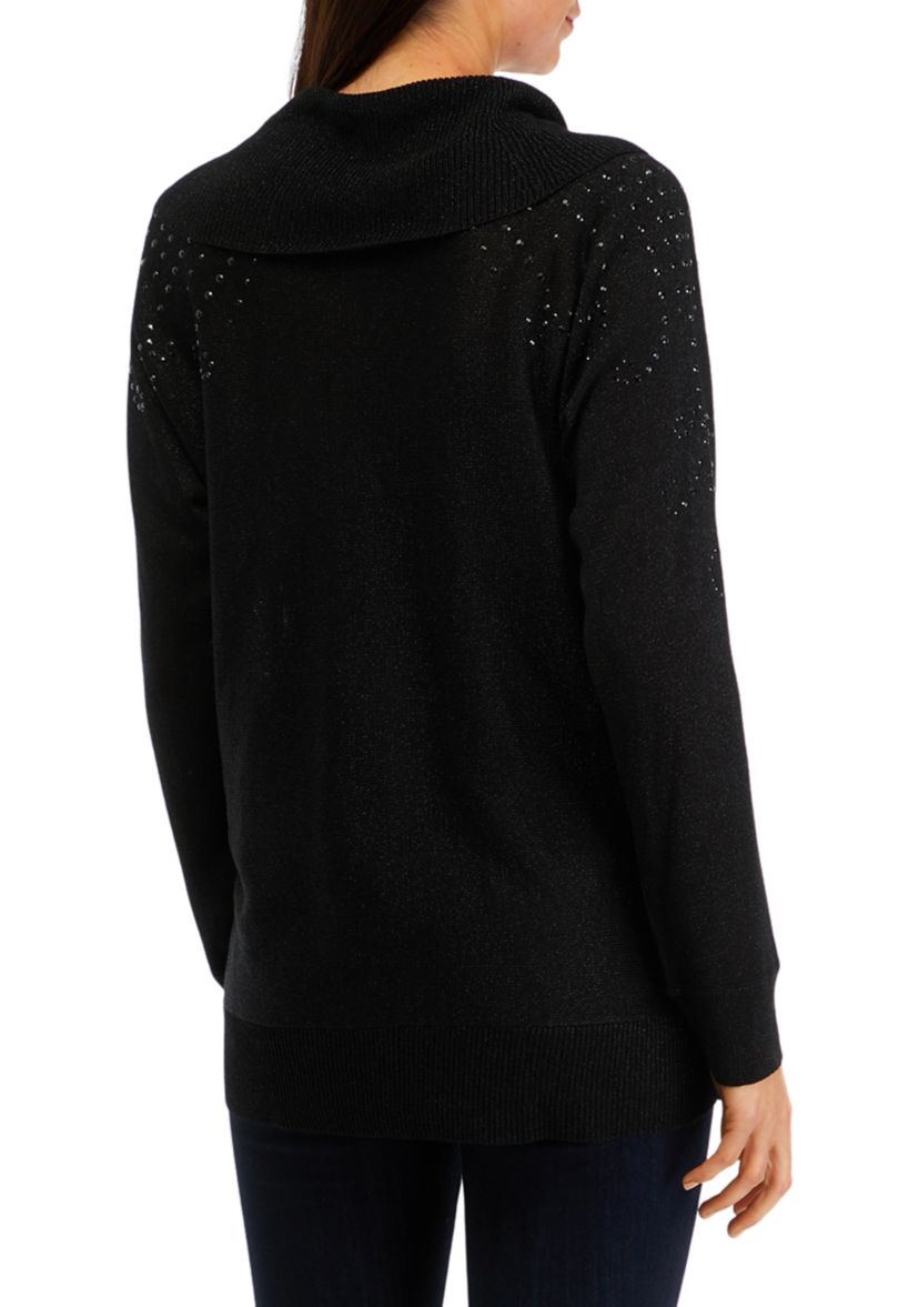 Womens Glitter Embellished Cowl Neck Sweater