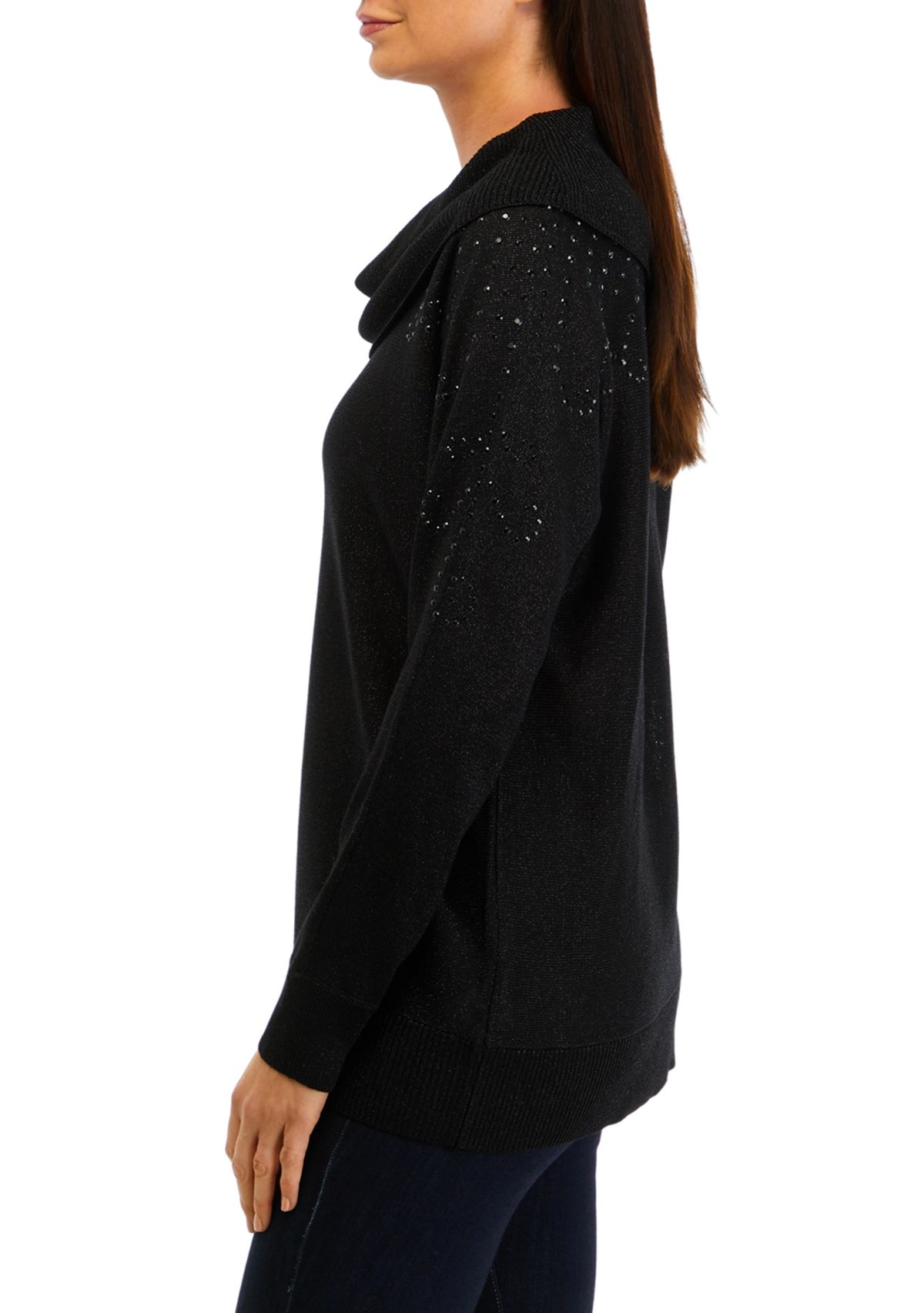 Womens Glitter Embellished Cowl Neck Sweater
