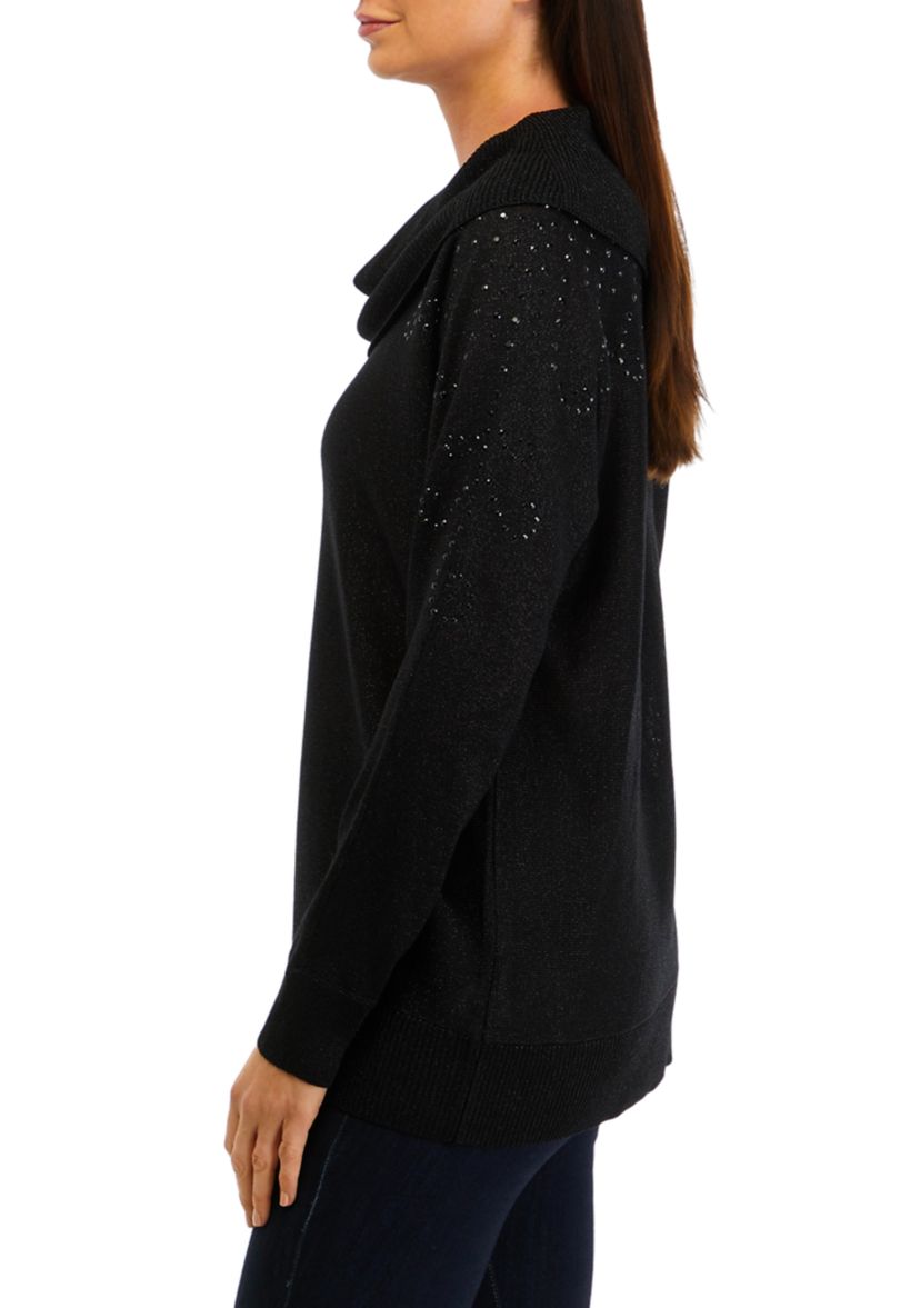 Womens Glitter Embellished Cowl Neck Sweater