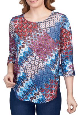 Women's Mixed Bohemian Geo Patchwork Top with Bell Sleeves