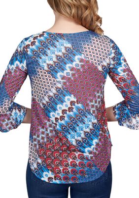 Women's Mixed Bohemian Geo Patchwork Top with Bell Sleeves
