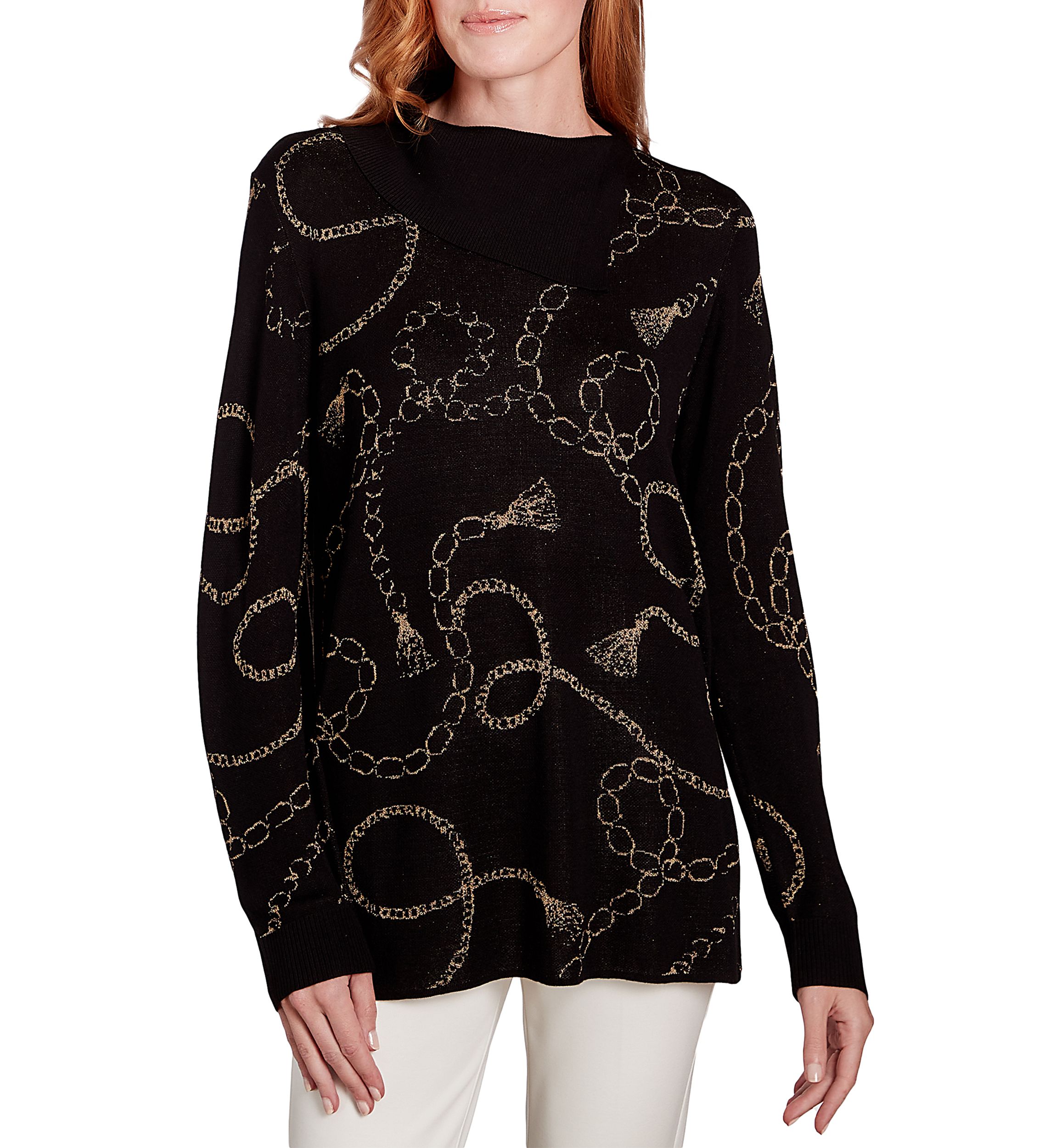 Womens Metallic Chain Print Split Cowl Pullover Sweater