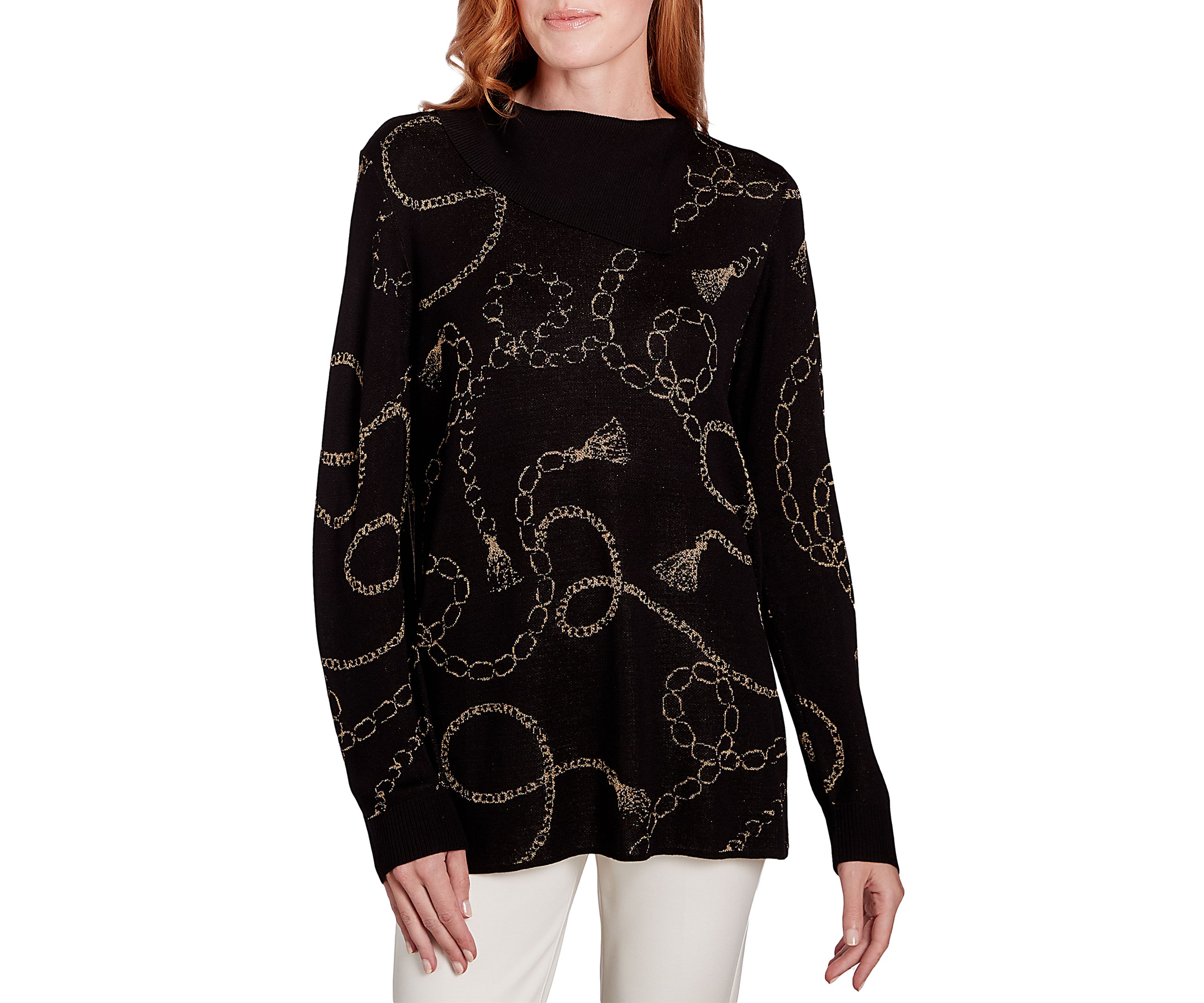 Womens Metallic Chain Print Split Cowl Pullover Sweater