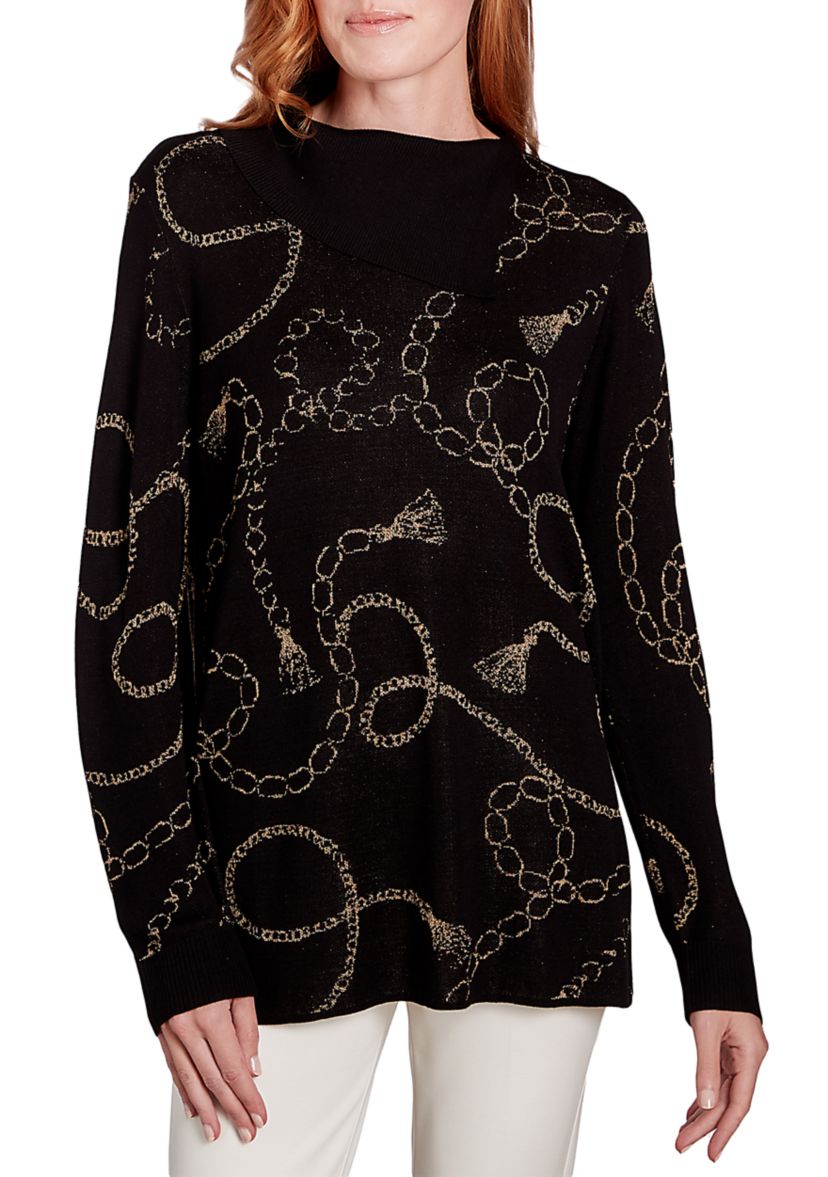 Womens Metallic Chain Print Split Cowl Pullover Sweater