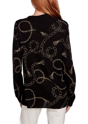 Women's Metallic Chain Print Split Cowl Pullover Sweater