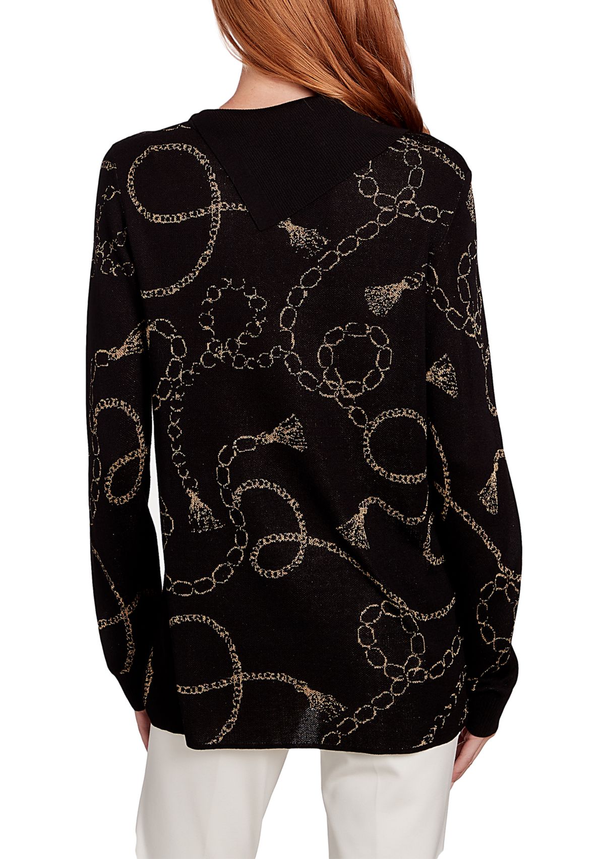 Womens Metallic Chain Print Split Cowl Pullover Sweater