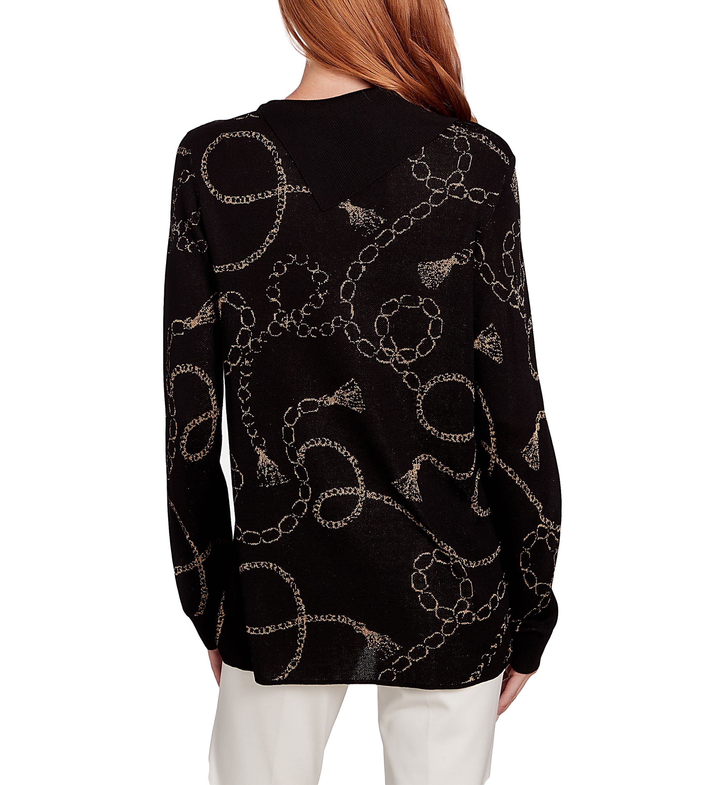 Womens Metallic Chain Print Split Cowl Pullover Sweater