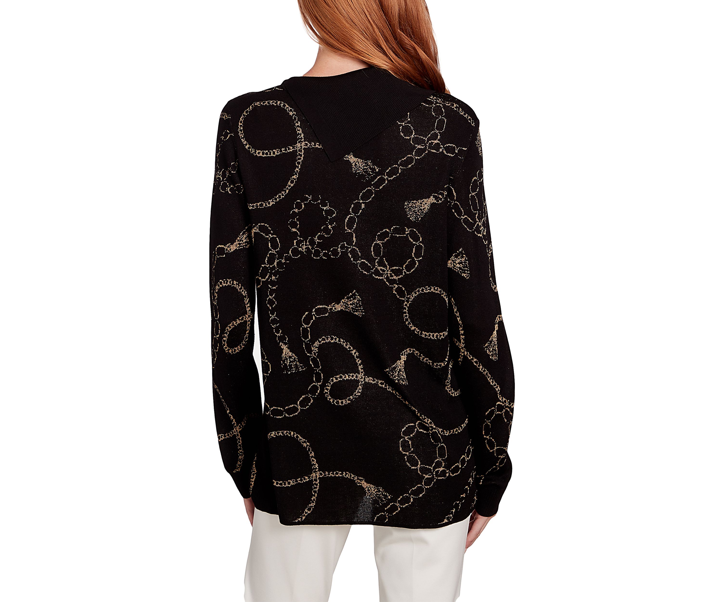 Womens Metallic Chain Print Split Cowl Pullover Sweater