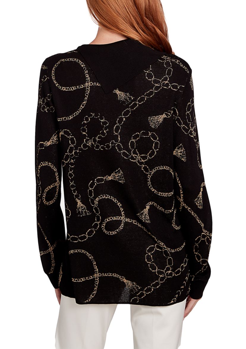 Womens Metallic Chain Print Split Cowl Pullover Sweater