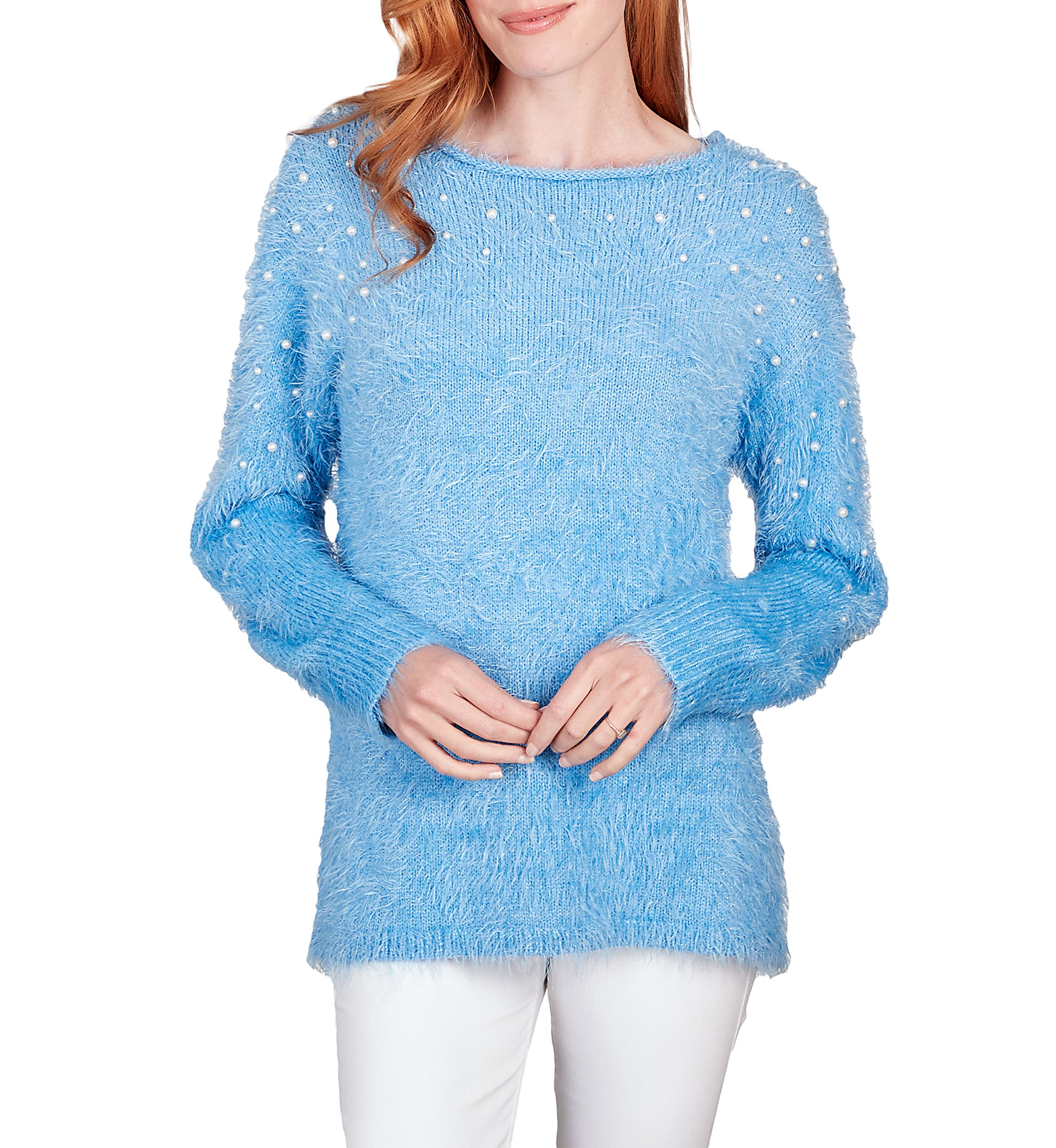 Womens Pearl Studded Eyelash Sweater