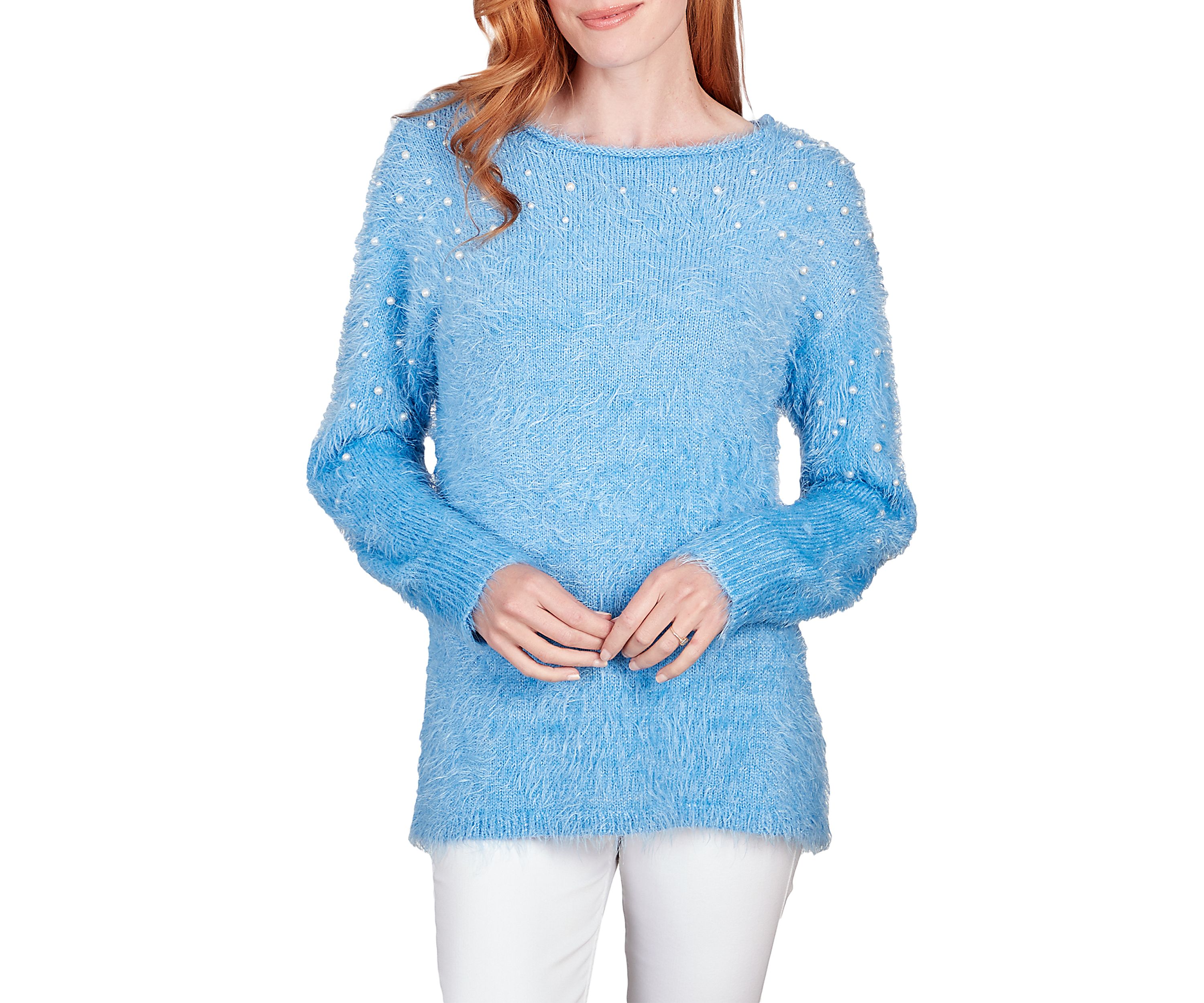 Womens Pearl Studded Eyelash Sweater
